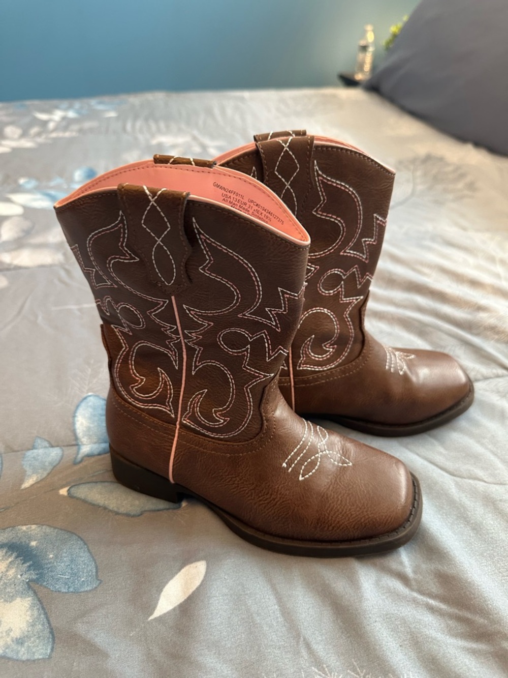 Like New Wonder Nation Brown Girls Western Boots w/Pink Trim Sz 13